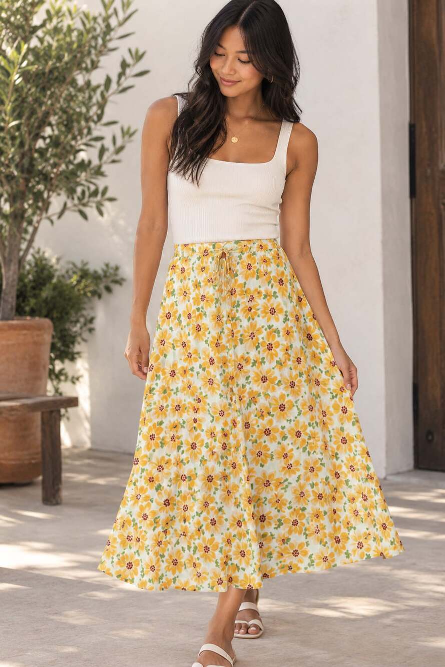 Urban Outfitters Yellow Floral Print Drawstring Midi Skirt Size M